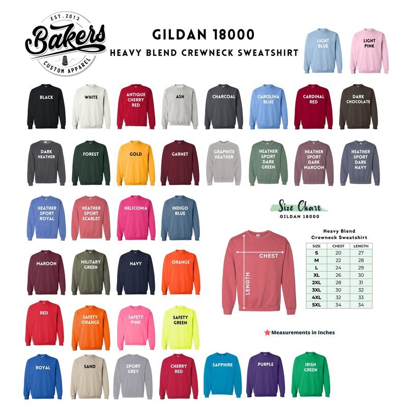 May include: A chart showing 36 different color options for Gildan 18000 heavy blend crewneck sweatshirts. The chart includes a size chart with chest and length measurements in inches.