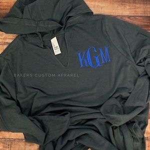 Monogrammed Lightweight Hooded Pullover: Raw Edge V-Neck