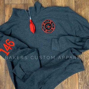 Firefighter quarter zip fleece pullover with arm badge number - Maltese Cross Embroidered Fleece - Firefighter gifts - Firefighter custom