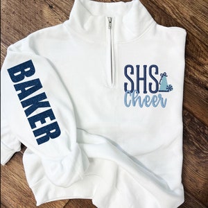 ADULT - Cheer Mascot Quarter zip Pullover with Name on Sleeve in Glitter - Custom Cheer Pullover - Cheer Pullover (ADULT UNISEX)