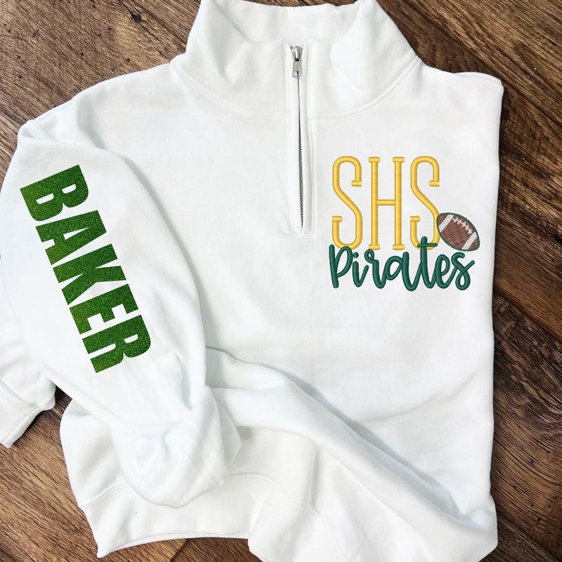 FOOTBALL/BASKETBALL/SOCCER/Cheer/Dance Mascot Quarter zip Pullover with Name on Sleeve in Glitter or Non Glitter - Custom Football Pullover - Football Pullover