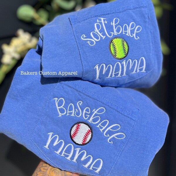 Baseball Mama - Softball Mama - Embroidered Comfort Color Pocket Tee - Choose your Shirt Color and Writing Thread Color