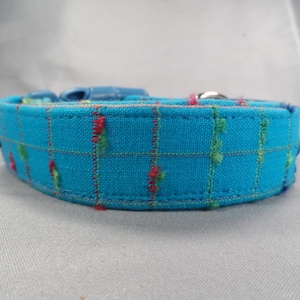 Plaid Dog Collar, Bright Turquoise Blue Nubby Plaid