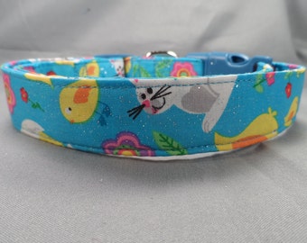 Chicks and Bunnies on Blue Easter Dog Collar