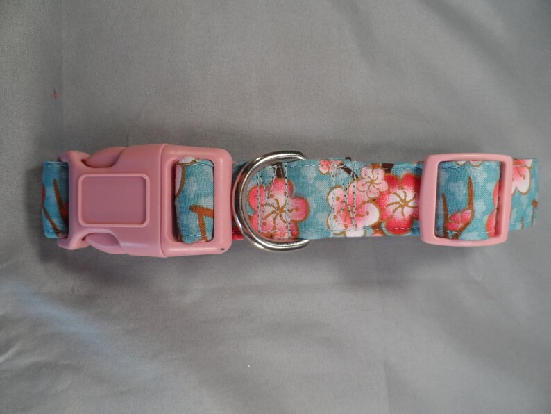 Pink Cherry Blossoms on Blue Dog Collar image 3