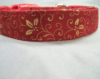 Gold Holly Scroll on Red Christmas Dog Collar