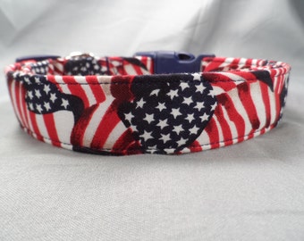 Waving Flags on Navy Blue Patriotic Dog Collar