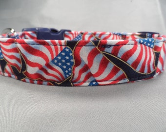 Patriotic Dog Collar Gilded American Flags on Blue