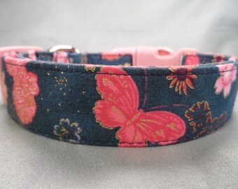 Blue with Pink Butterflies Dog Collar