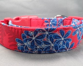 Blue and White Flowers on Red Dog Collar