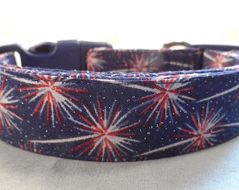 Fireworks July 4th Patriotic Dog Collar, Red White and Blue Dog Collar