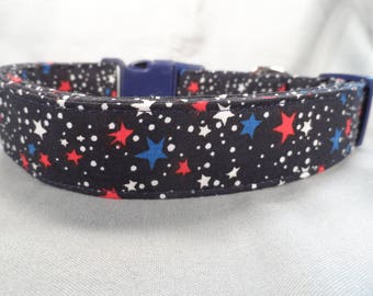 Patriotic Dog Collar Red White and Blue Stars on Navy Blue
