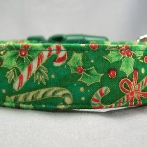 Candy Canes and Holly on Green Christmas Dog Collar