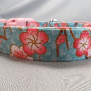 Pink Cherry Blossoms on Blue Dog Collar image 1