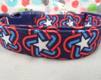 Star Power, Patriotic Dog Collar Red White and Blue Stars on Navy Blue