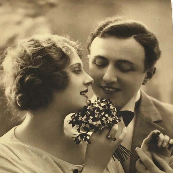 Art Deco Love Postcard - Vintage Glamour Couple, Flapper Girl & Classic Gentleman Portrait