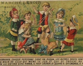 Antike französische Werbe-Chromo-Handelskarte, Kinderspiele erklärt