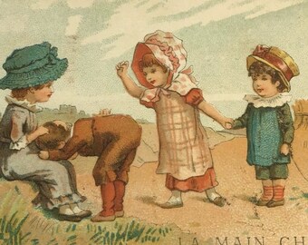 GERESERVEERD VOOR DIANA Antieke Franse reclame Chromo Trade Card, buiten spelende kinderen