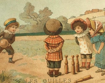 Carte publicitaire chromo publicitaire ancienne, France, enfants jouant dehors