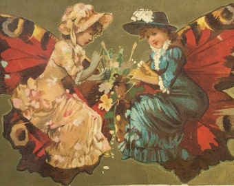 GERESERVEERD VOOR ADRIENNE Antieke Franse reclame Chromo Trade Card - Butterfly Ladies