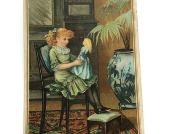 GERESERVEERD VOOR LEE Antique Advertising Chromo Trade Card, meisje en haar pop