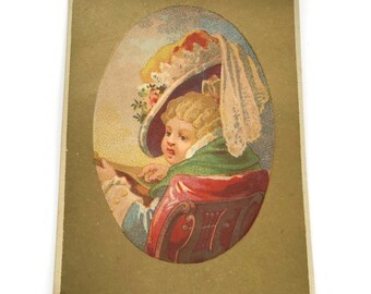 GERESERVEERD VOOR SUZIE Antieke reclame Chromo Trade Card, portret van het meisje - grote hoed