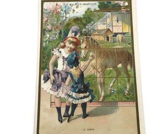 Antieke Franse reclame Chromo Trade Card, Meisjes in de dierentuin, Zebra