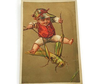 GERESERVEERD VOOR ADRIENNE Antieke Franse Chromo Trade Card, Baby Boy Grasshopper