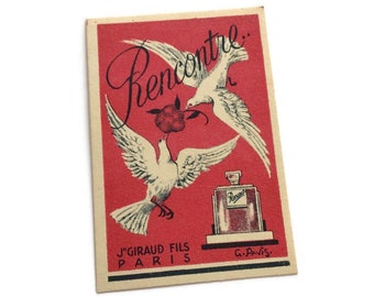 Vibraciones retro: Etiqueta de perfume vintage Art Nouveau - Botella de perfume, Palomas - Rencontre, J Giraud Paris