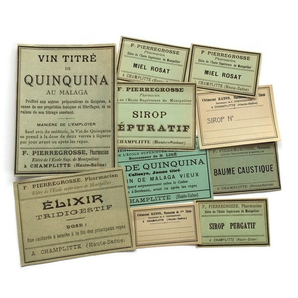 Vintage Charm: Set of 10 Antique Apothecary Labels for Drug Store Medicine - French Pharmacy Original Labels