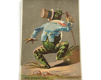 RESERVIERT FÜR DIANA Antike Französische Werbekarte, Anthropomorpher Frosch