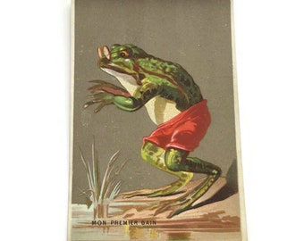 Antique French Advertising Chromo Trade Card, Anthropomorphic Frog