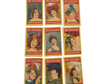 Etiquetas Vintage Matchbox -The Solo Girl - Belle Epoque , Art Nouveau Ladies - Conjunto de 9 etiquetas de cerillas de seguridad,