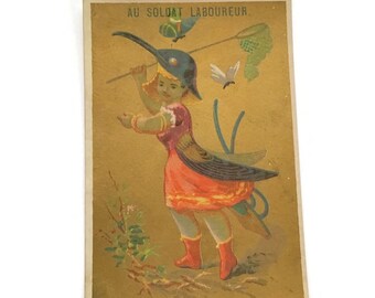 Antike französische Chromo-Werbekarte, Mädchen als Vogel verkleidet, Colibri-Kolibri