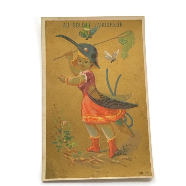 Antique French Advertising Chromo Trade Card, Girl Dressed as Bird,  Colibri Hummingbird