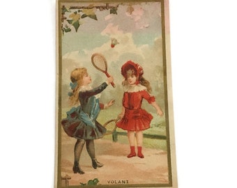 Antike französische Werbe-Chromo-Handelskarte, Kinder spielen im Freien