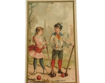 Antike französische Chromo Trade Werbekarte, Kinder spielen im Freien