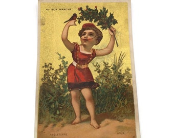 Antieke Franse handelskaart - Collectible Advertising Chromo - Meisje met bloemen - Au Bon Marche