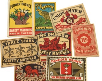 Etiquetas Vintage Matchbox - Conjunto surtido de 8 etiquetas de cerillas de seguridad, ilustraciones originales