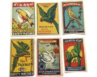 Etiquetas Vintage Matchbox -Pájaros - Conjunto de 6 etiquetas de cerillas de seguridad,