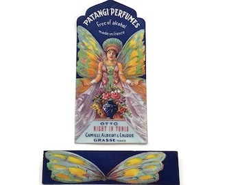Vibraciones retro: etiqueta de perfume vintage, mujer mariposa art déco, cosméticos nostálgicos,