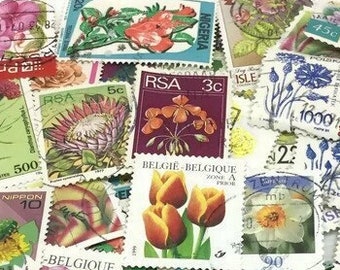 Global Floral Stamps Pack: 25/50 Assorted Flower Designs from Around The World for Collection or Crafting