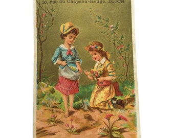 GERESERVEERD VOOR ADRIENNE Antieke Franse reclame Chromo Trade Card, buiten spelende kinderen