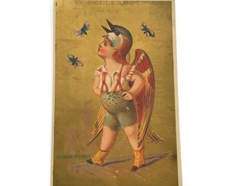Antike französische Chromo Trade Werbekarte, Kind als Vogel verkleidet