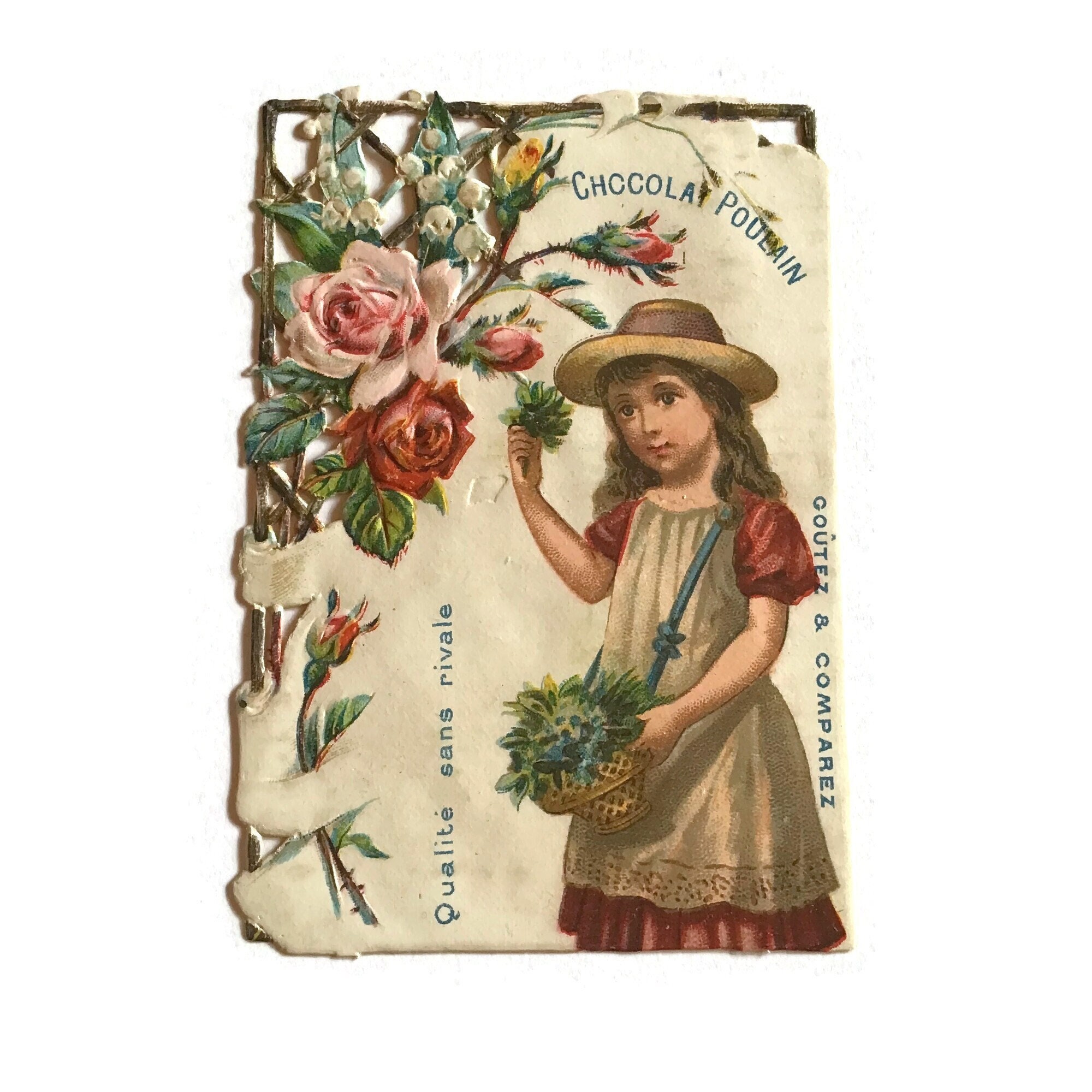 Antique French Advertising Chromo Trade Card Girl Chocolat Poulain