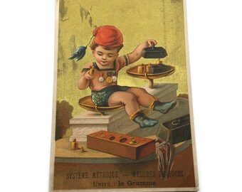 Franse reclamehandelskaart - antieke vintage ephemera - metrisch systeem - verzamelbare papieren memorabilia