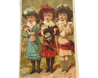 Antieke Franse reclame Chromo Trade Card, zes kleine zusjes