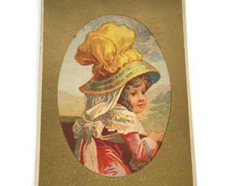 Antieke reclame Chromo Trade Card, portret van het meisje - grote hoed