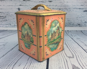Vintage Cote d'Or Tin . Pink Castle Tin . Old Canister . Square Belgian Cookie Tin . Vintage Tin Box .