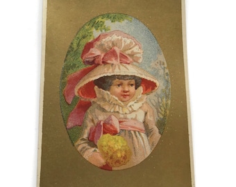 Antieke reclame Chromo Trade Card, portret van het meisje - grote hoed